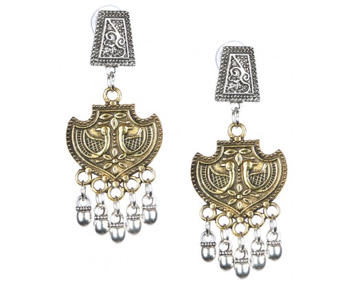 PEACOCK - DUAL TONE - Silver & Golden Oxidized Earrings Jhumka Jhumki Bali Imitation Indian Bollywood Ethnic Wedding Jewelry H48